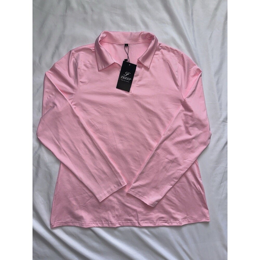 FKEEP Pink Basic Essential Womens Work Top V-Neck Collared Long Sleeve Size XL